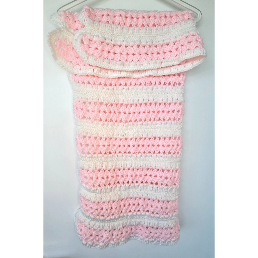 Vtg Throw Blanket Crochet Scalloped Edge Nostalgic Stripe Pastel Cottage
